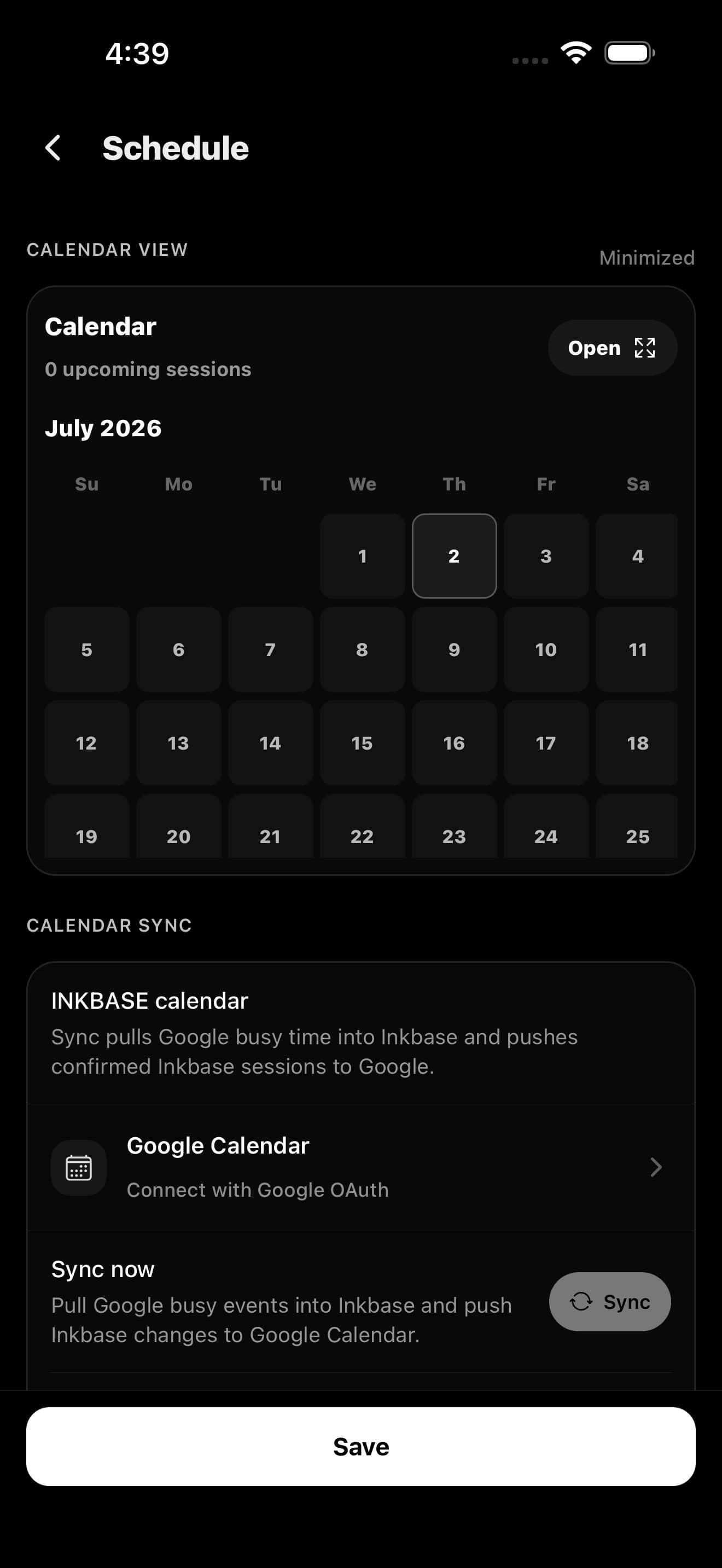 Inkbase schedule and calendar sync screen