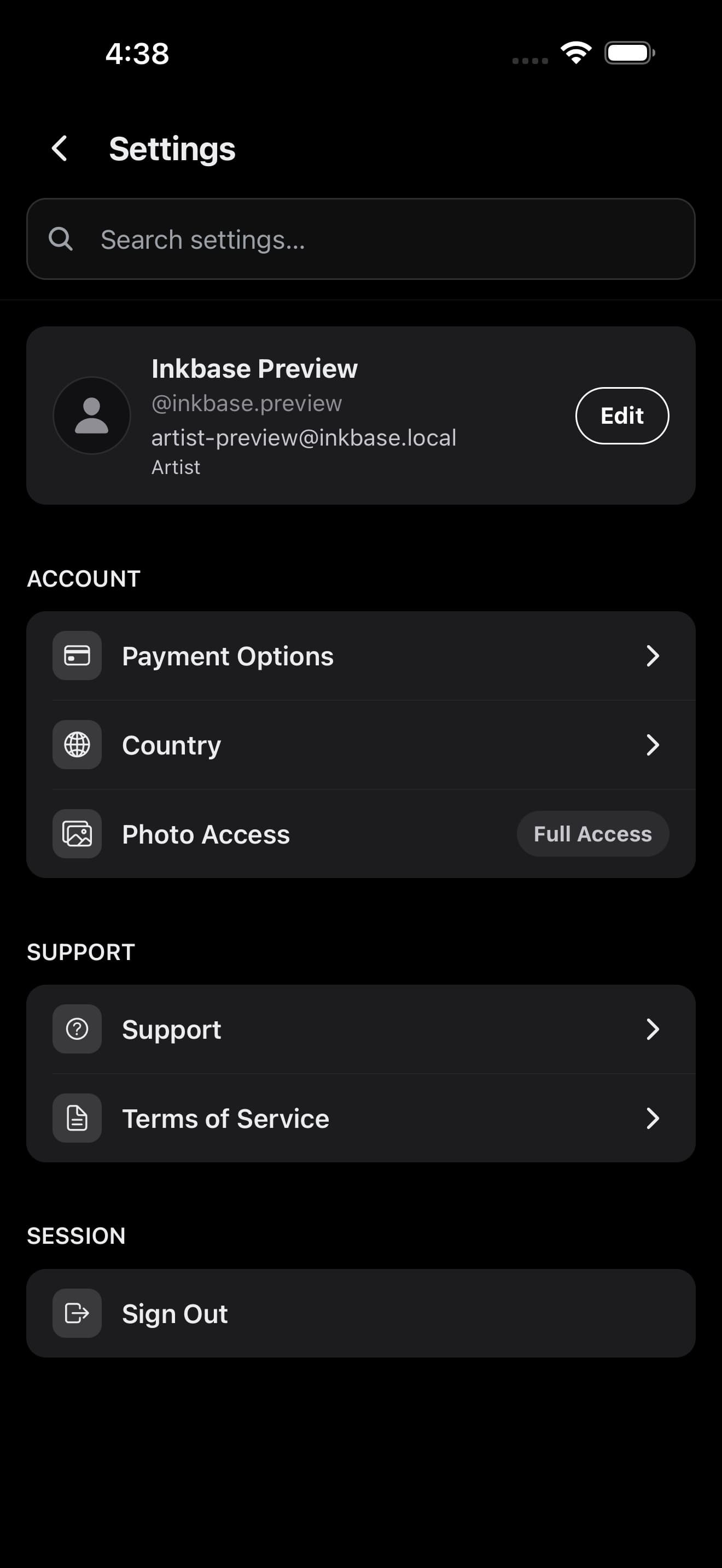 Inkbase settings and photo access screen